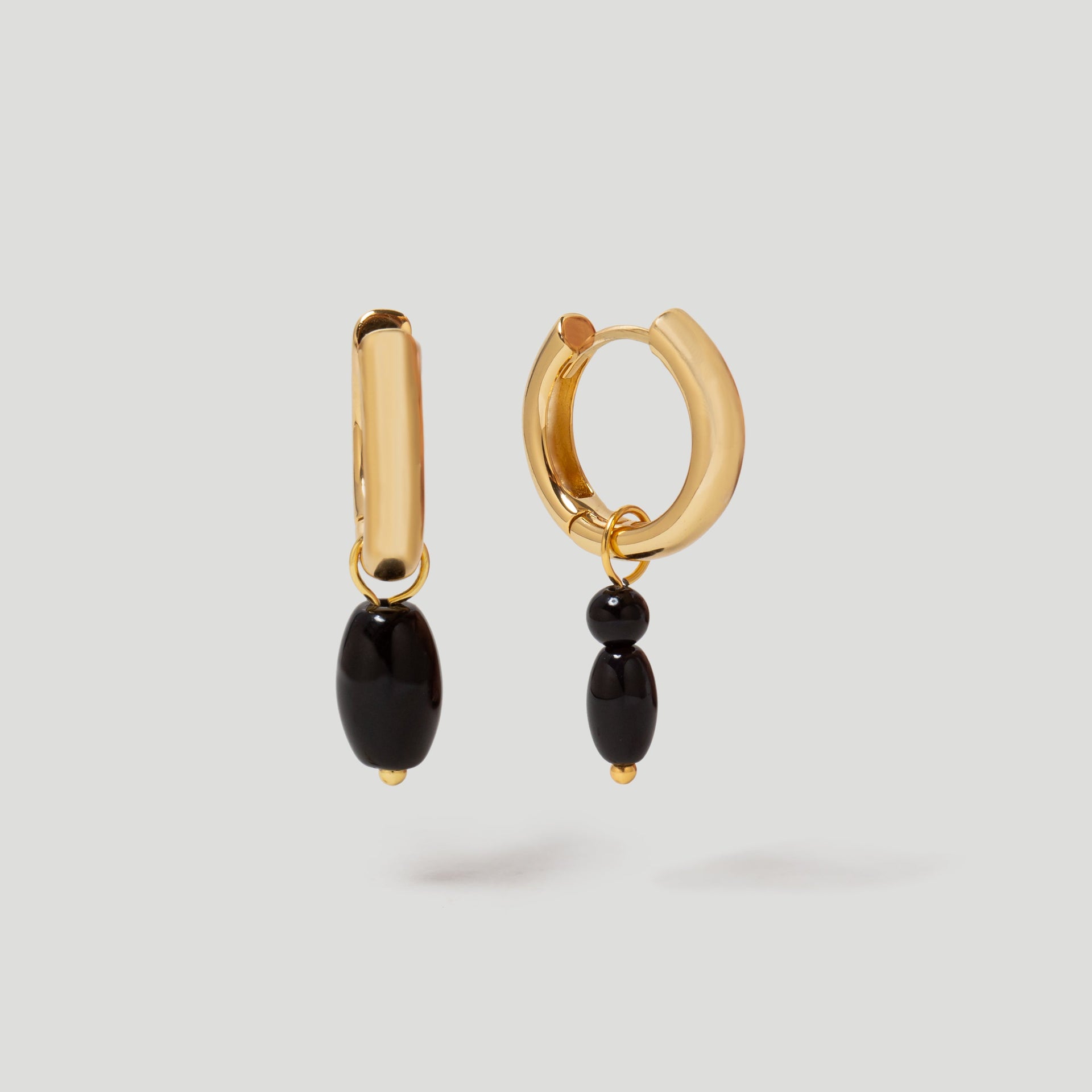 Mismatch Black Agate Bead Gold Hoop Earrings in 18k Gold Plated Vermeil