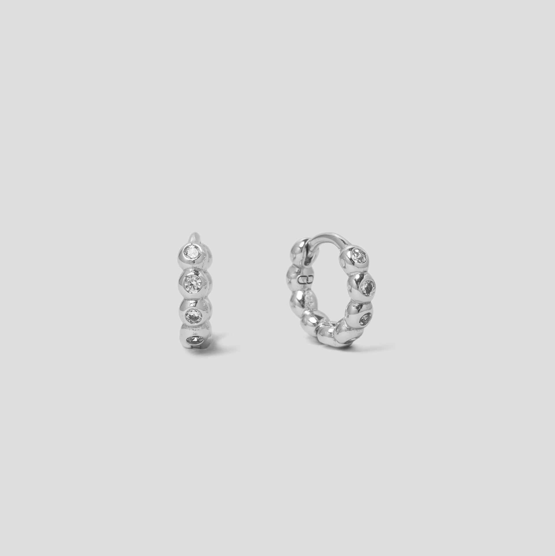 CZ Crystal Orb Mini Silver Hoop Huggie Earrings In Rhodium Plated Sterling Silver