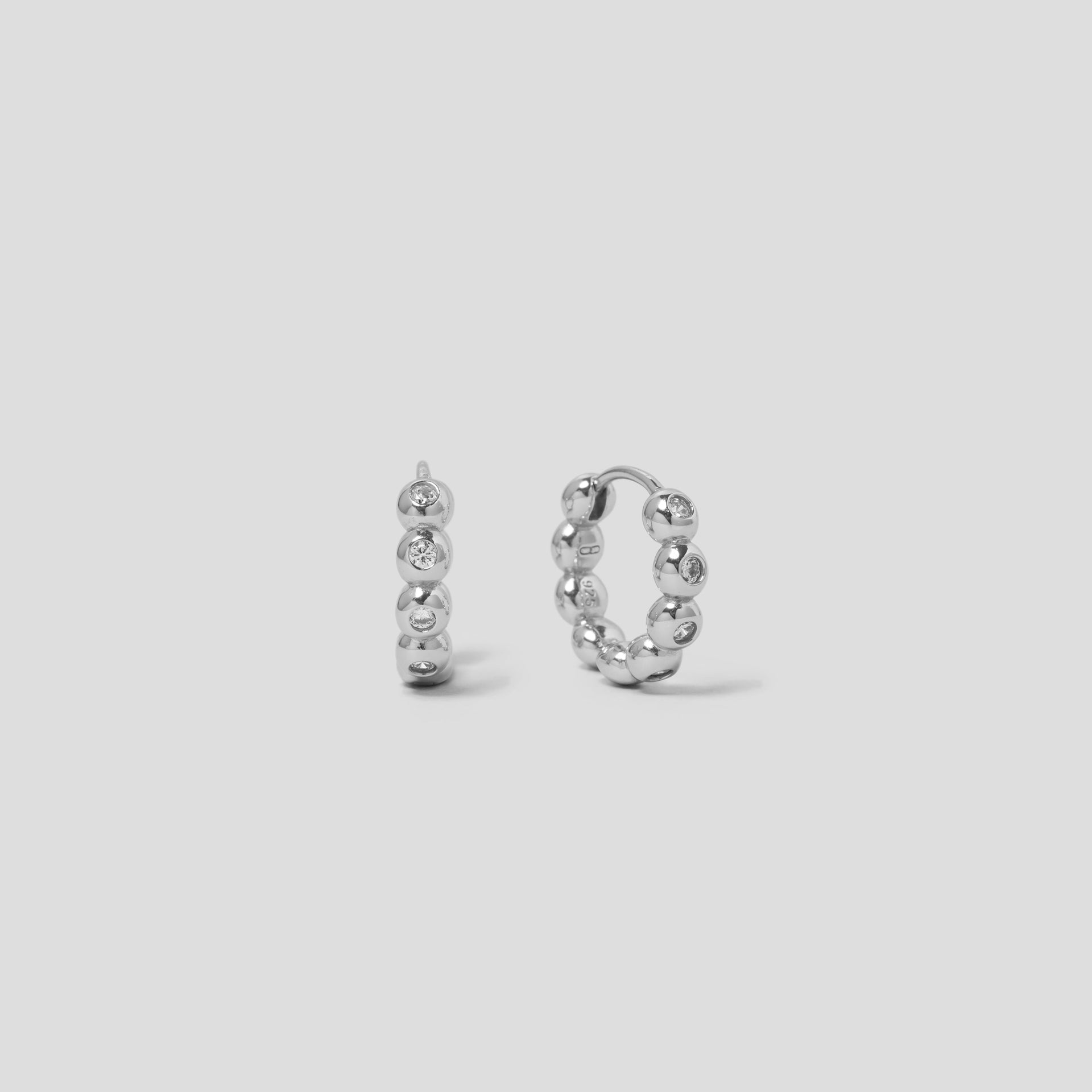 CZ Crystal Orb Silver Hoop Earrings In Rhodium Plated Sterling Silver