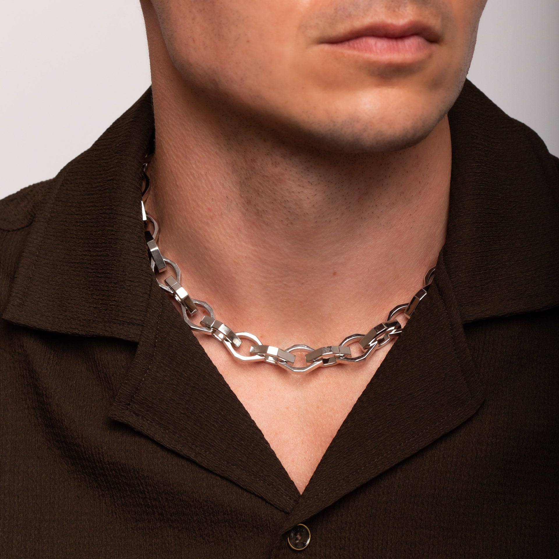 Octagon Link Chunky Silver Chain Necklace in Rhodium Plating