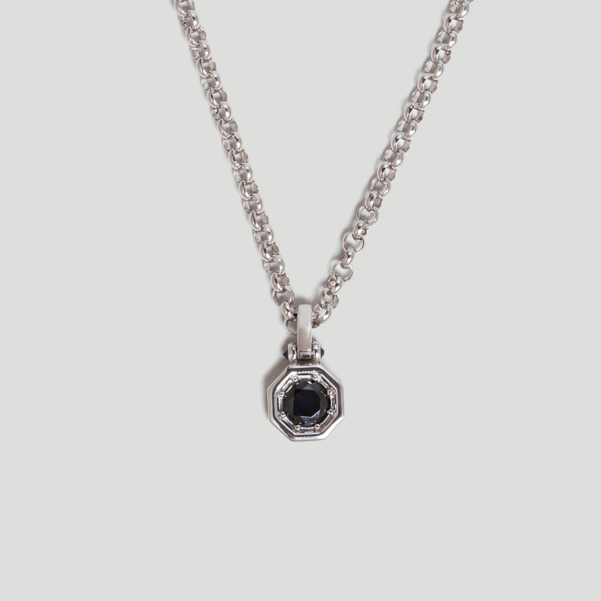 Silver Octagon Pendant Necklace with Black Spinel Stone in Rhodium Plated Sterling Silver