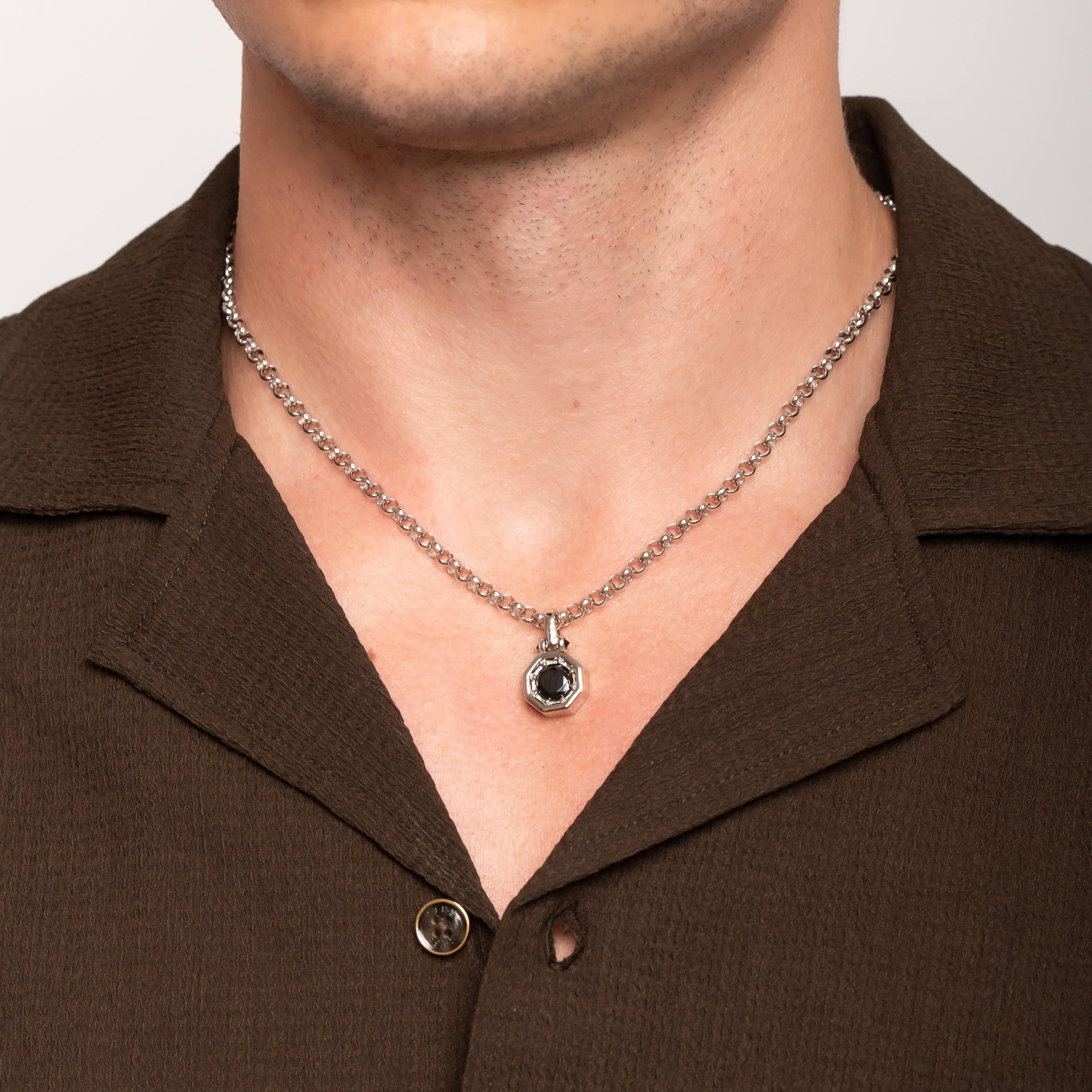 Silver Octagon Pendant Necklace with Black Spinel Stone in Rhodium Plated Sterling Silver