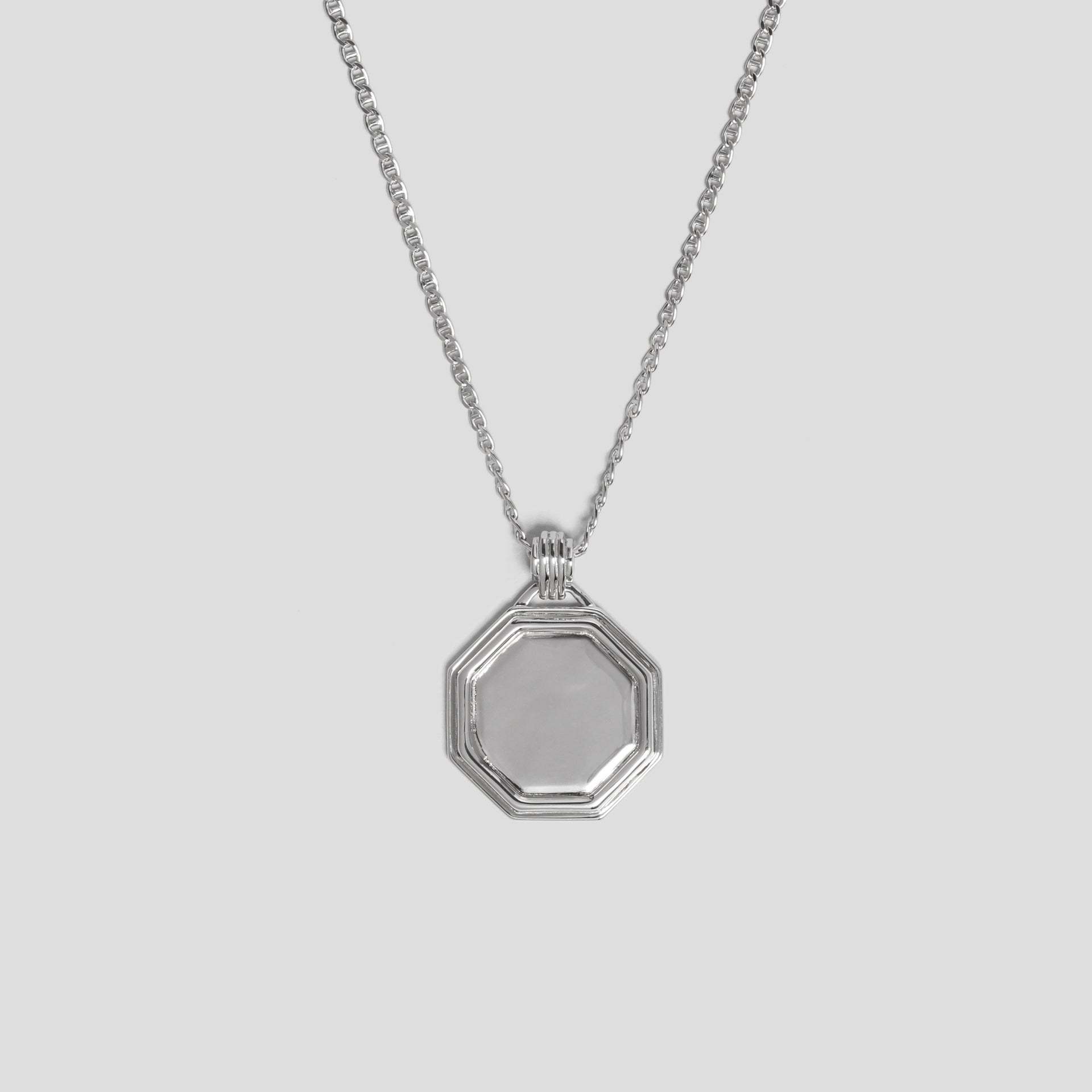 Octagon Silver Coin Necklace in Rhodium Plated Sterling Silver