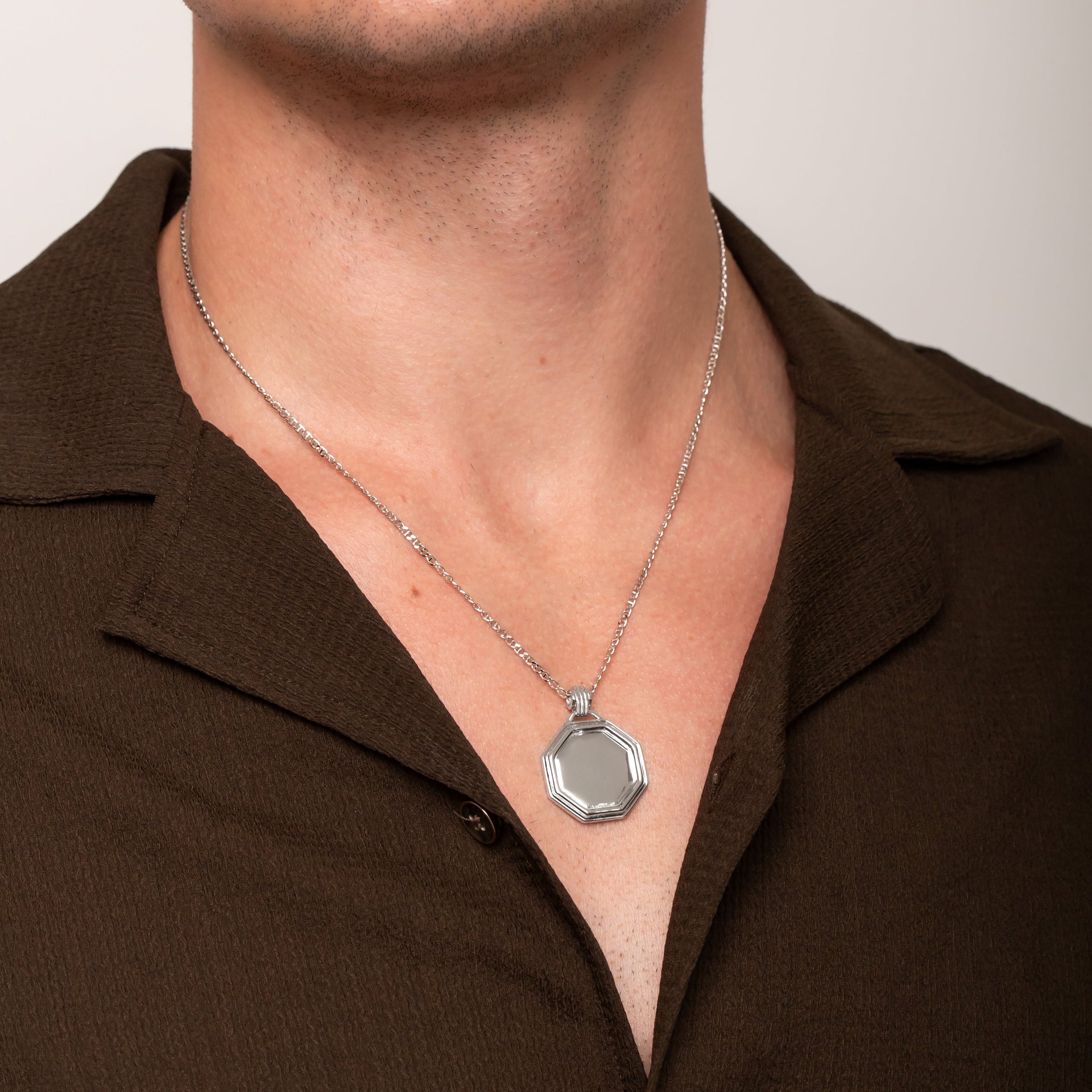 Octagon Silver Coin Necklace in Rhodium Plated Sterling Silver