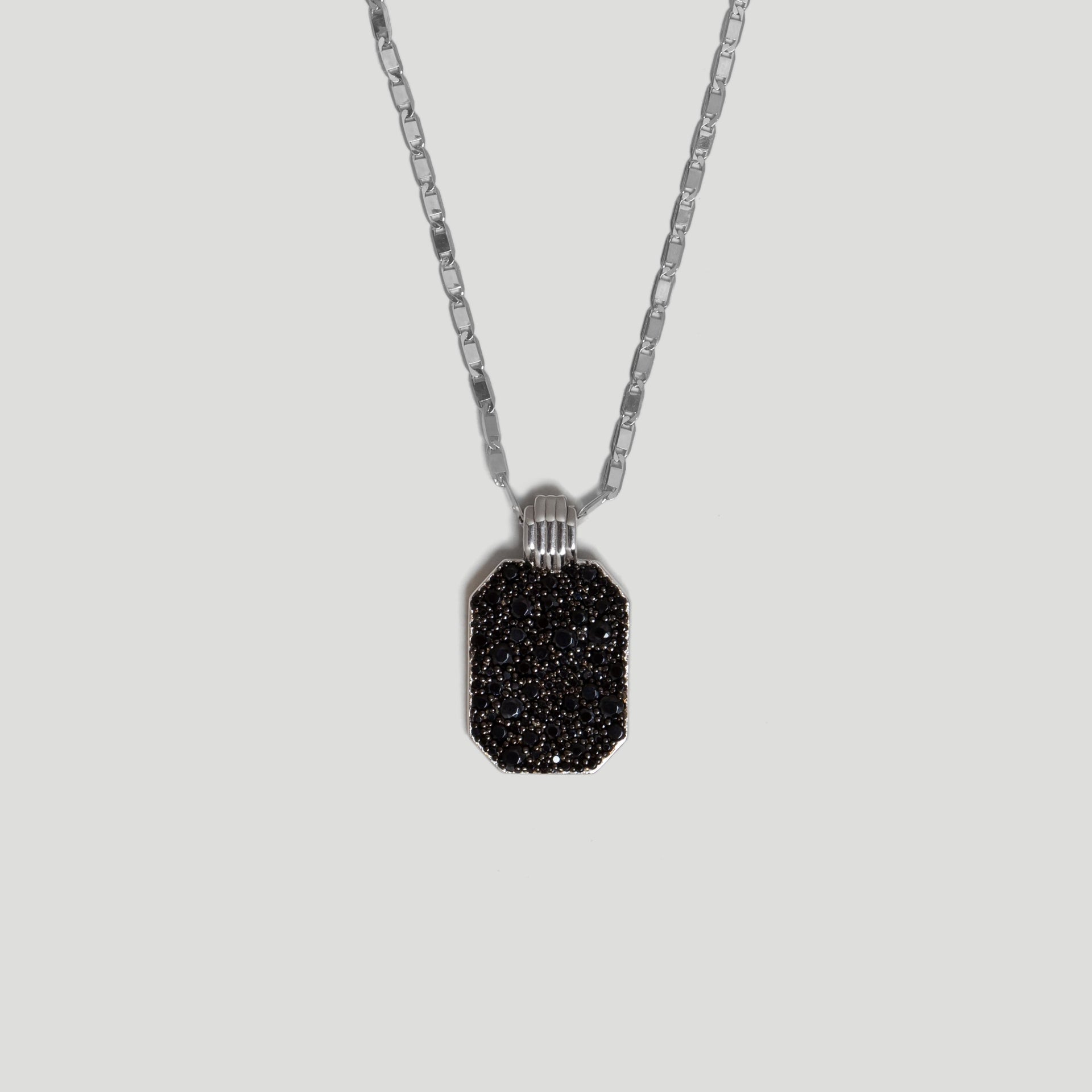 Mixed Pave Dog Tag Pendant In Rhodium Plated Sterling Silver & Black Spinel Stones