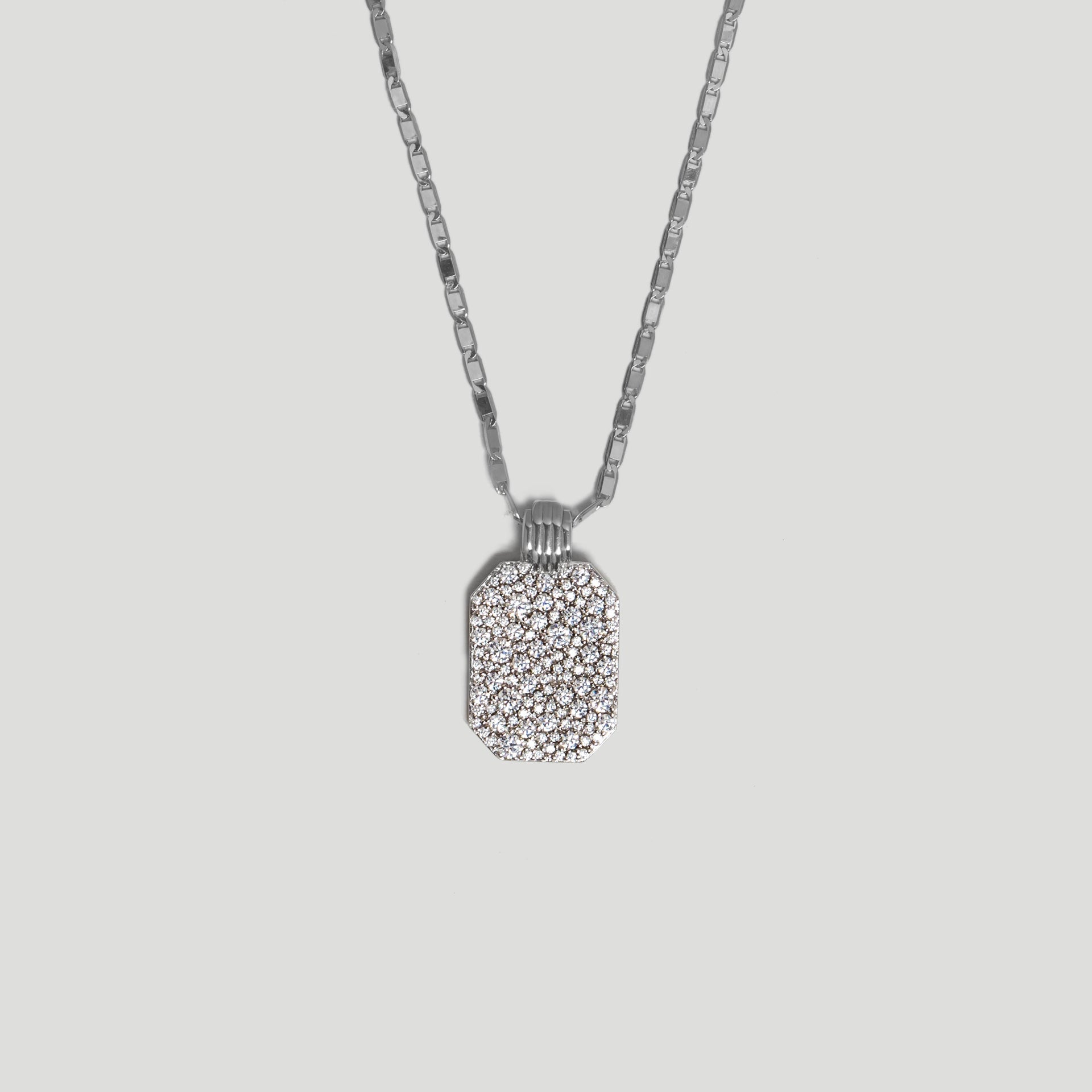 Mixed Pave Dog Tag Pendant In Rhodium Plated Sterling Silver & CZ