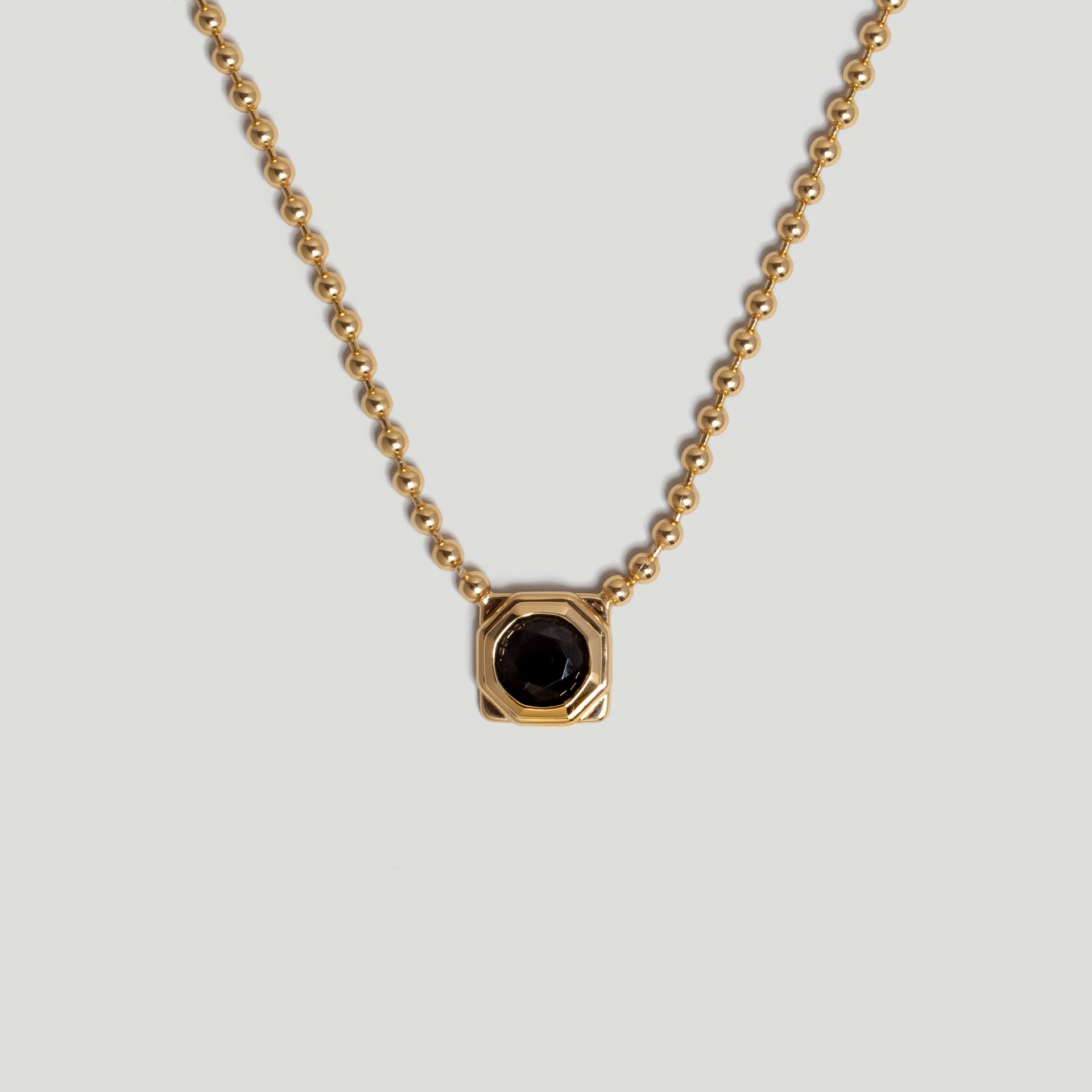 Octagon Gold Ball Chain Necklace In 18K Gold Plated Sterling Silver With Black Spinel Stone