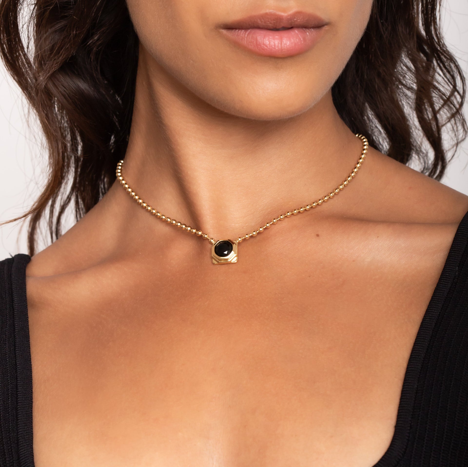 Octagon Gold Ball Chain Necklace In 18K Gold Plated Sterling Silver With Black Spinel Stone