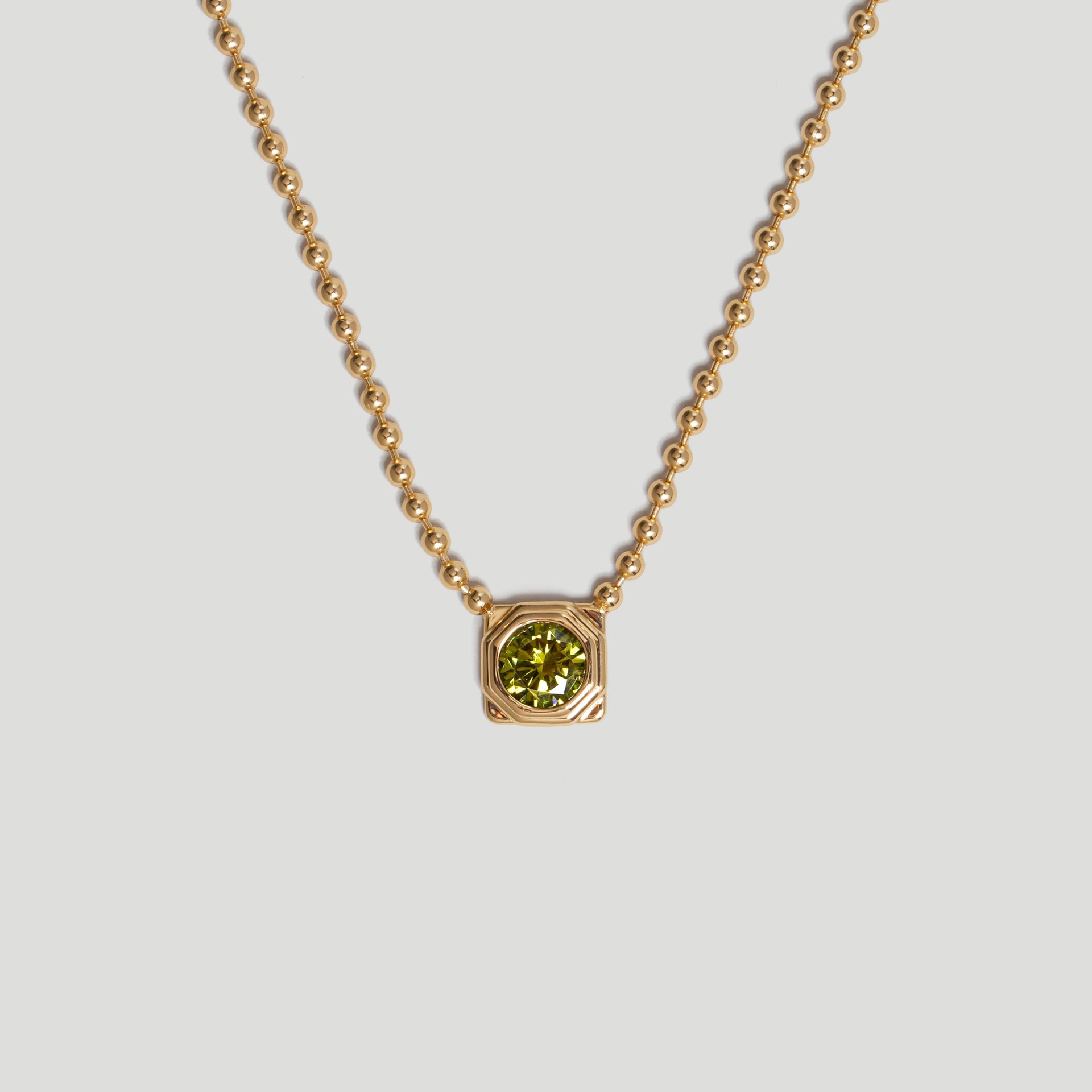 Octagon Gold Ball Chain Necklace In 18k Gold Plated Sterling Silver With Peridot CZ