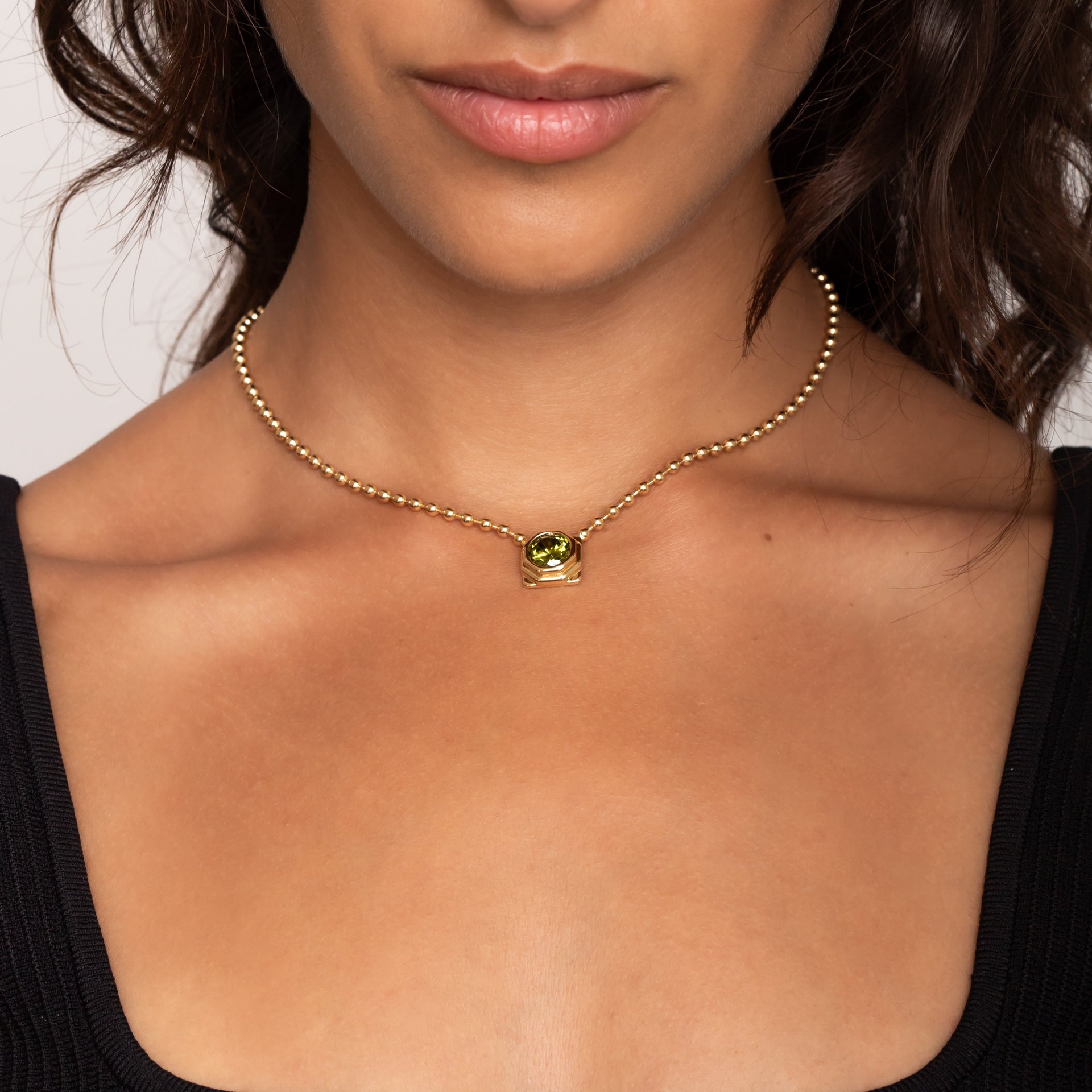 Octagon Gold Ball Chain Necklace In 18k Gold Plated Sterling Silver With Peridot CZ