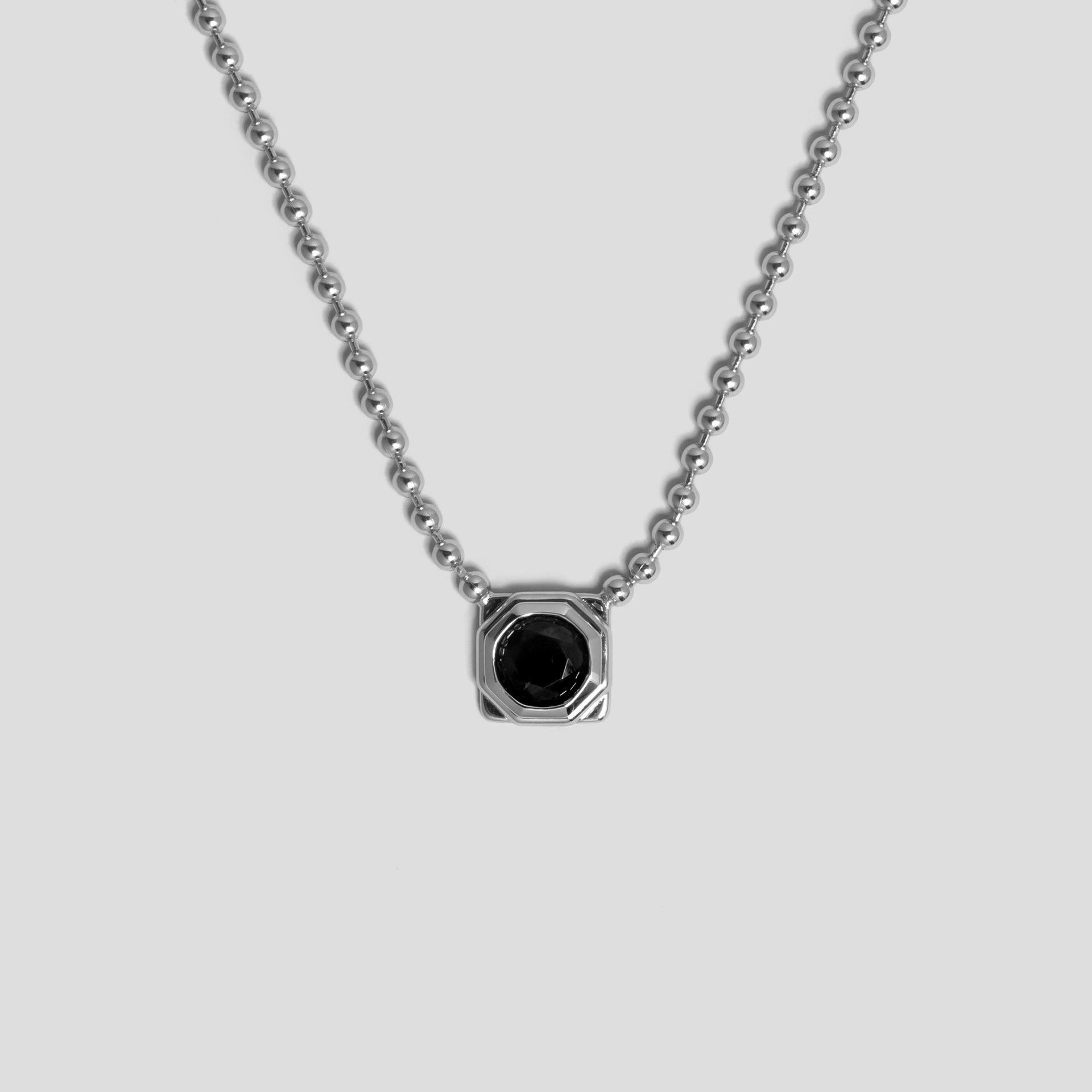 Octagon Silver Ball Chain Necklace In Rhodium Plated Sterling Silver With Black Spinel Stone