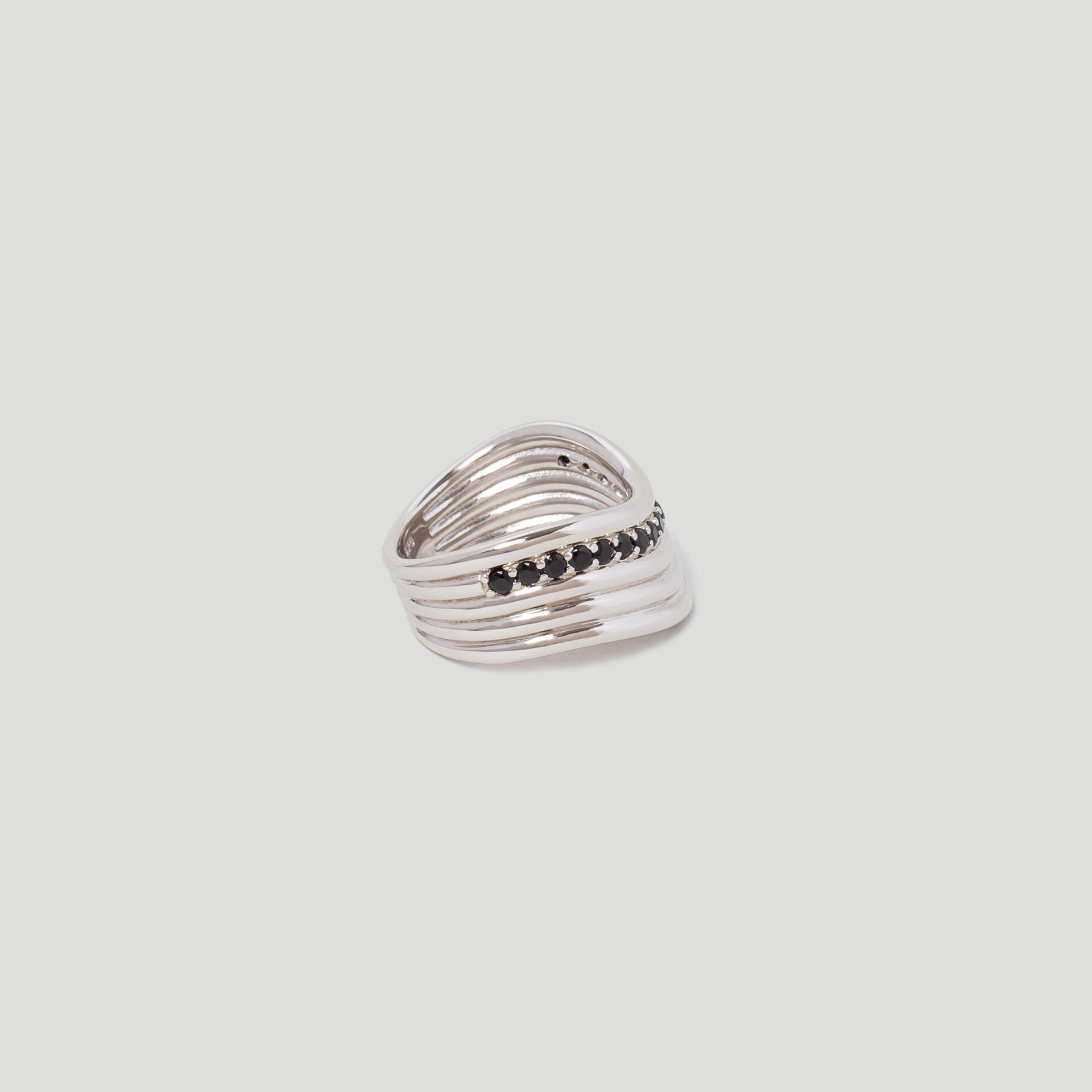 Wave Black Spinel Stone Chunky Silver Ring in Rhodium Plated Sterling Silver